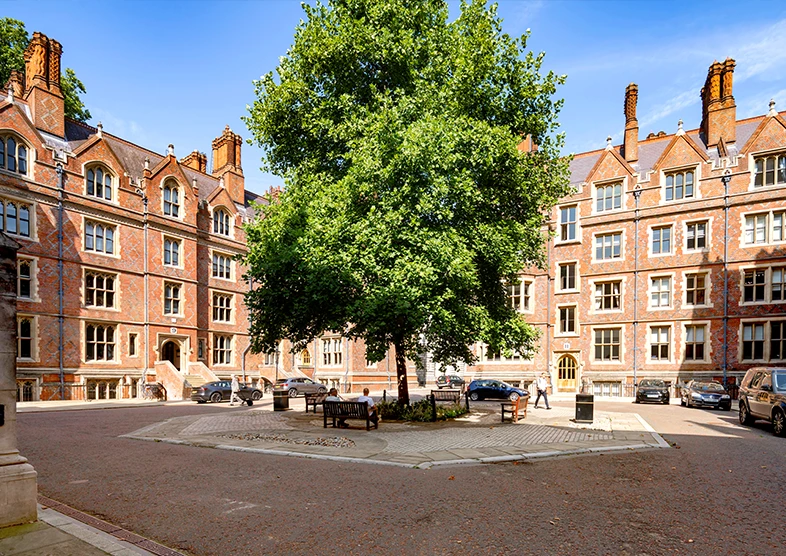Old Square is a central courtyard located on
Lincoln’s Inn Estate, a large leafy tree is in the
centre and is surrounded by red-brick Gothicstyle buildings and parked cars. Benches circle
the tree under a clear blue sky.
